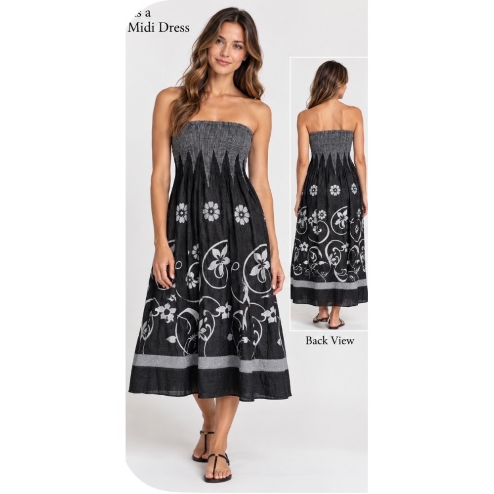 Lapis Black White Floral Strapless Midi Dress Or Maxi Skirt One Size Smocked